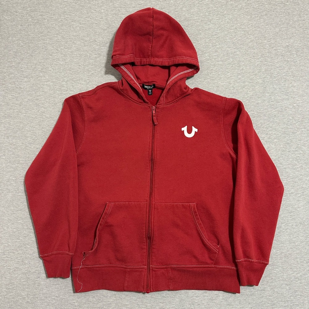 True Religion Mens Red Buddha Logo Seal Full Zip Hoodie Large Contrast Stitch